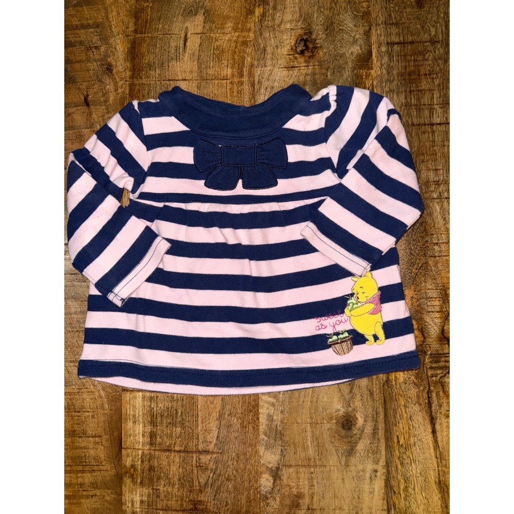 Disney Winnie the Pooh Baby Girl Striped Tunic Top Navy Pink Bow Long Sleeve